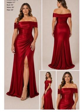 OYS Formal Gown Bodycon Slit Ruched Off-Shoulder Satin Red M